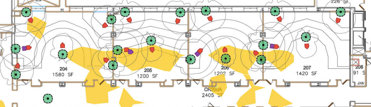 Illustration of Wolf Law 3rd floor Wi-Fi heatmap showing areas of potential interference.