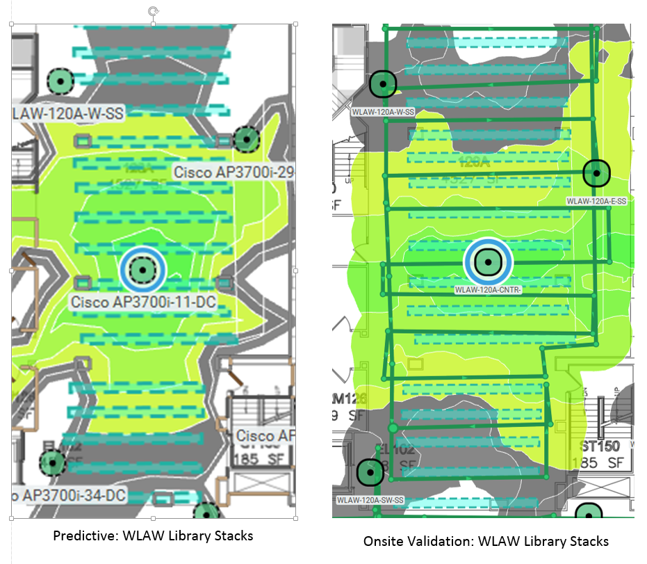 Illustration of Wolf Law Library predictive Wi-Fi coverage and actual Wi-Fi coverage.