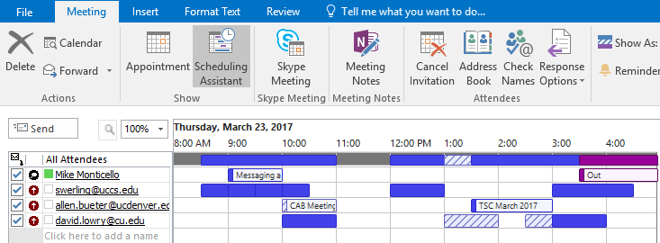 Outlook Scheduling Assistant example showing the availability of invitees from different CU campuses.